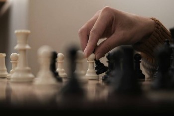 Chess board where black is capturing a pawn.